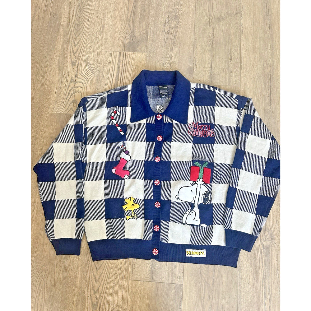 Snoopy Christmas Buffalo Plaid Sweater 2XL Peanuts Holiday Cardigan